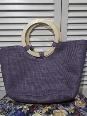 Purple Woven Tote Bag with Wooden Circle Handles